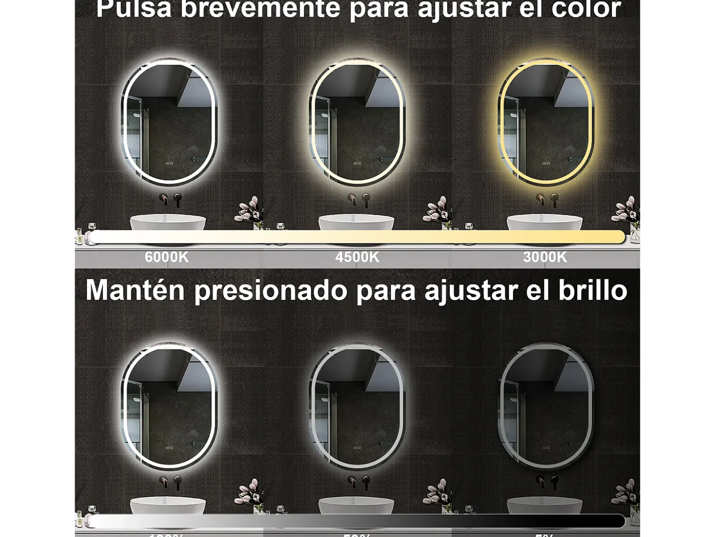 AICA espejo 50 x 70 cm, antivaho,con luz de 3 colores y bluetooyh