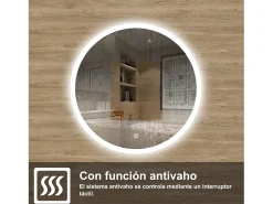 AICA Espejo de baño con iluminación LED Espejo redondo,60 cm, antivaho, brillo ajustable, memoria de apagado