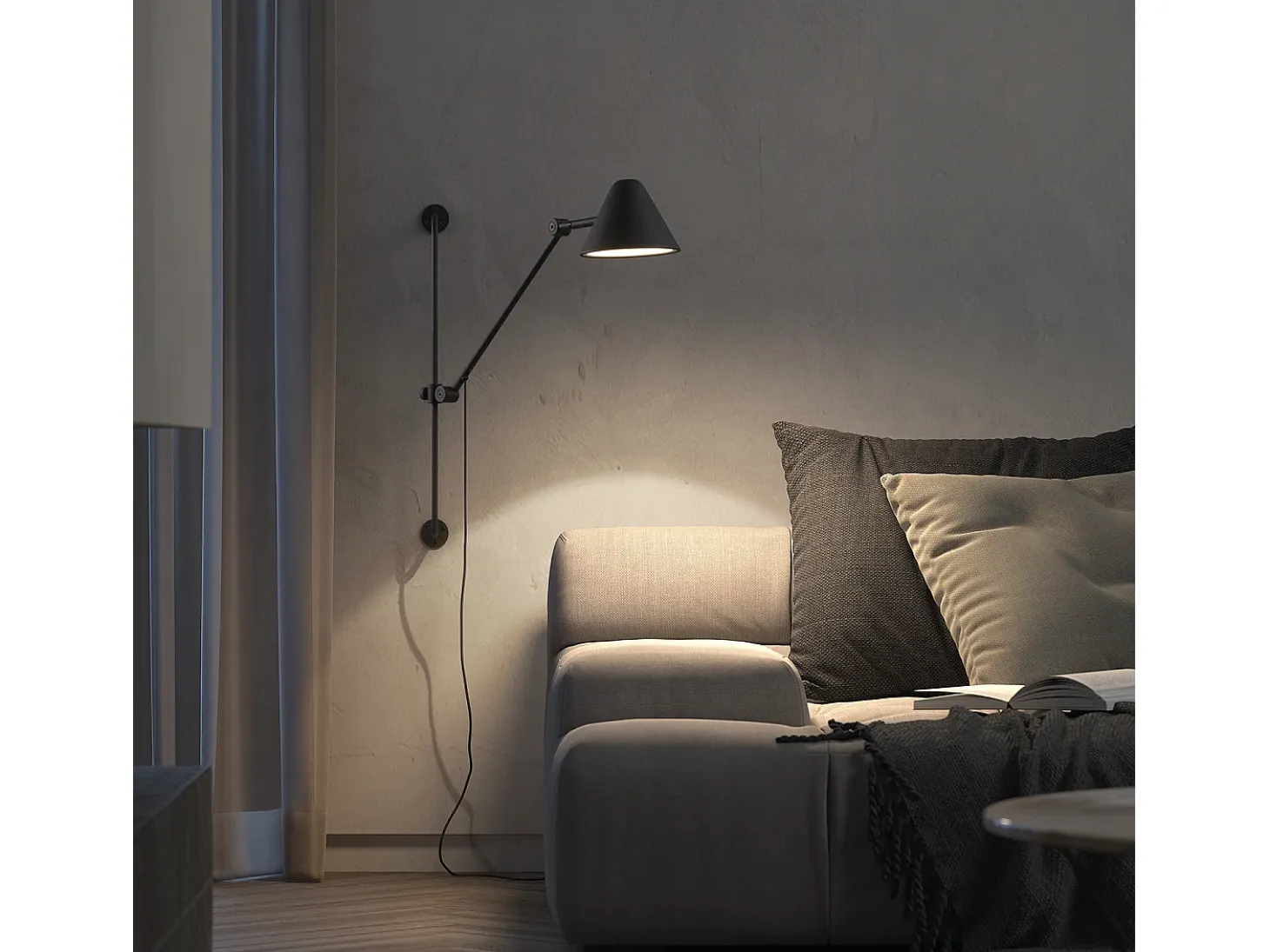 Aplique de pared ARM estilo moderno - Alt. 76 cm - LED COB 5W- 728lm y 3000k - Cable 2 metros - 330º y 180º grados, on&off - ip20- acero y negro