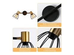 Best NETTLIFE Aplique de pared para interior , vintage, casquillo E14, , giratorio 350°, de metal, con 2 luces (bombillas no incluidas) Negro