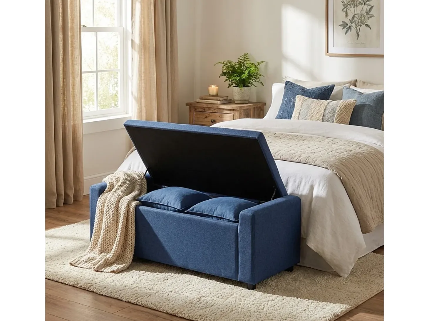 Banco con almacenamiento de tela para dormitorio y recibidor Merak - Azul Marino
