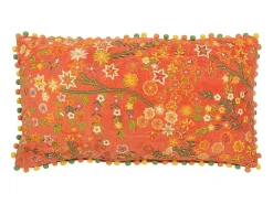 Sale J-Line Cojín rectangular flores+pompones en terciopelo 65x35x15 cm Naranja