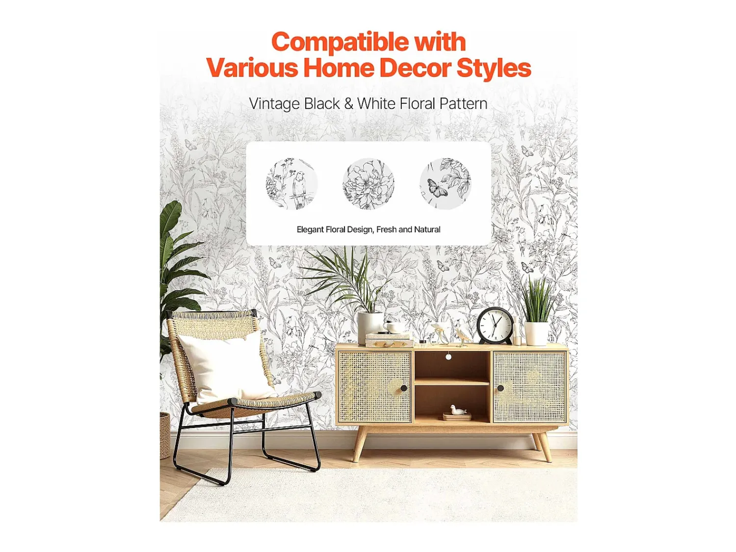 Papel Pintado^Papel Pintado Adhesivo de Pared SucceBuy, 45 cm x 10 m, Rollo Papel Pintado Autoadhesivo Vinilo, Motif Floral Botánico , Impermeable Blanco