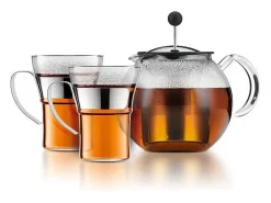 New Bodum Tetera de émbolo Assam 1L con filtro de acero inoxidable + 2 tazas de vidrio 0,35L con asa de acero inoxidable