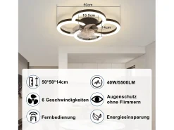 Ventilador de techo LED NETTLIFE con iluminación - 40 W, silencioso, negro, con control remoto, temporizador regulable de 6 velocidades
