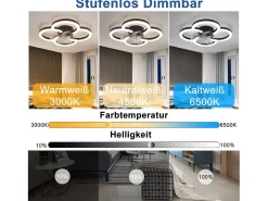 Ventilador de techo LED NETTLIFE con iluminación - 40 W, silencioso, negro, con control remoto, temporizador regulable de 6 velocidades